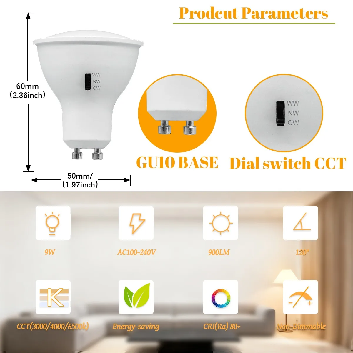 1-10pcs DIP Switch Three-color Temperature Switching GU10 Spotlight Bulb 110V 9W Replace 60W Halogen Lamp for Living Room Home