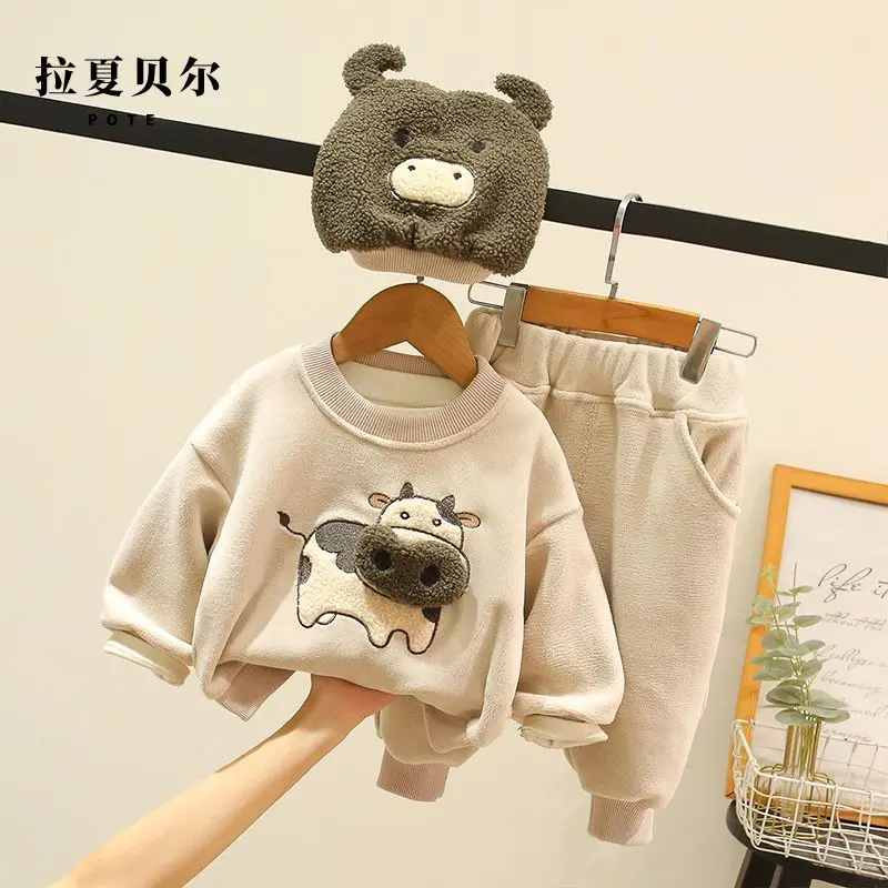 

Boys' and Girls' Velvet Hoodies Autumn and Winter New Style Small and Medium Sized Children's Western Style Warm Leisure Set