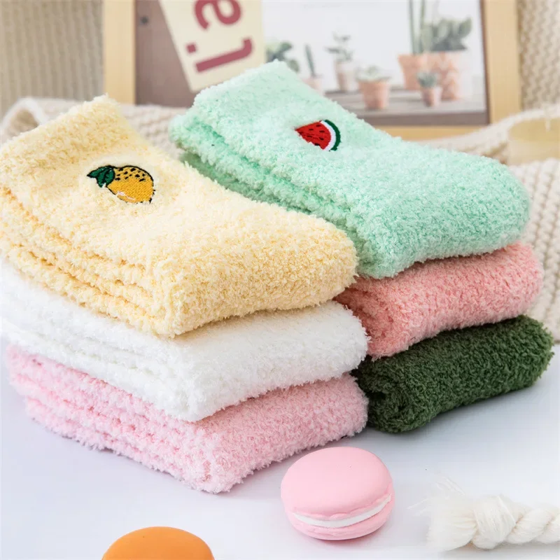 Women's Fruit Socks Fluffy Warm Plush Socks Female Fashion Warm Avocado Watermelon Cherry Strawberry Floor Sleeping Socks