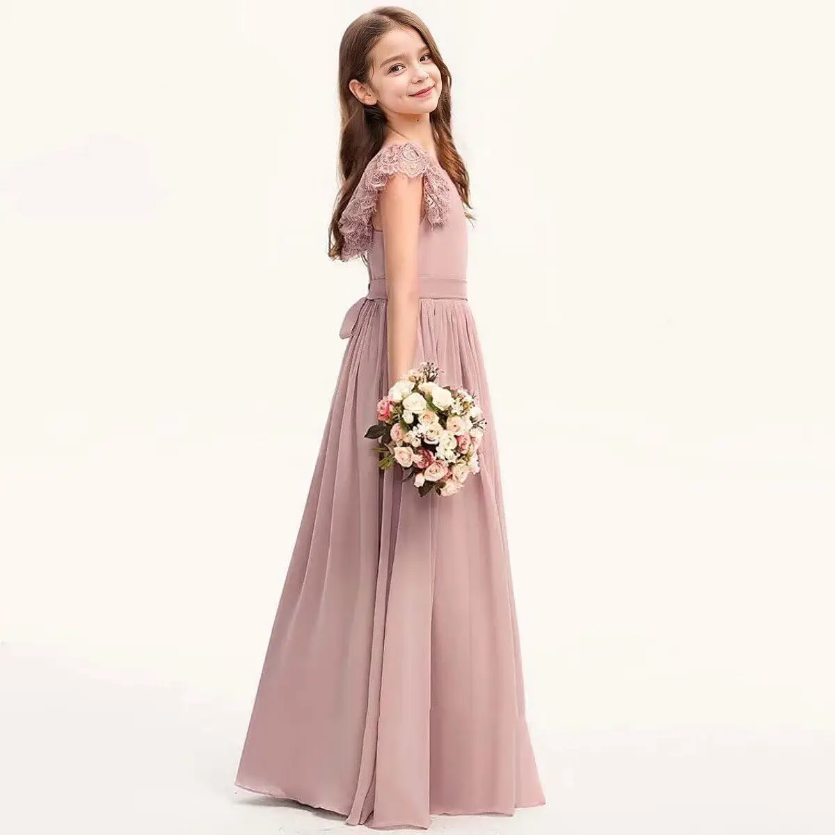 Meisjes A-lijn Chiffon Kant Bloem Junior Bruidsmeisjesjurk Prinses Optocht Baljurk Trouwjurk voor bloemenmeisjes