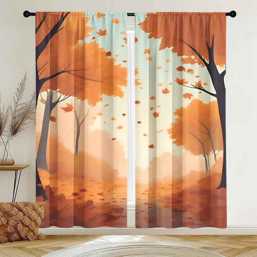 Lot de 2 rideaux imprimés numériquement, illustration de sentier forestier automnal, style paysage naturel d'automne pour la décoration du salon et de la chambre