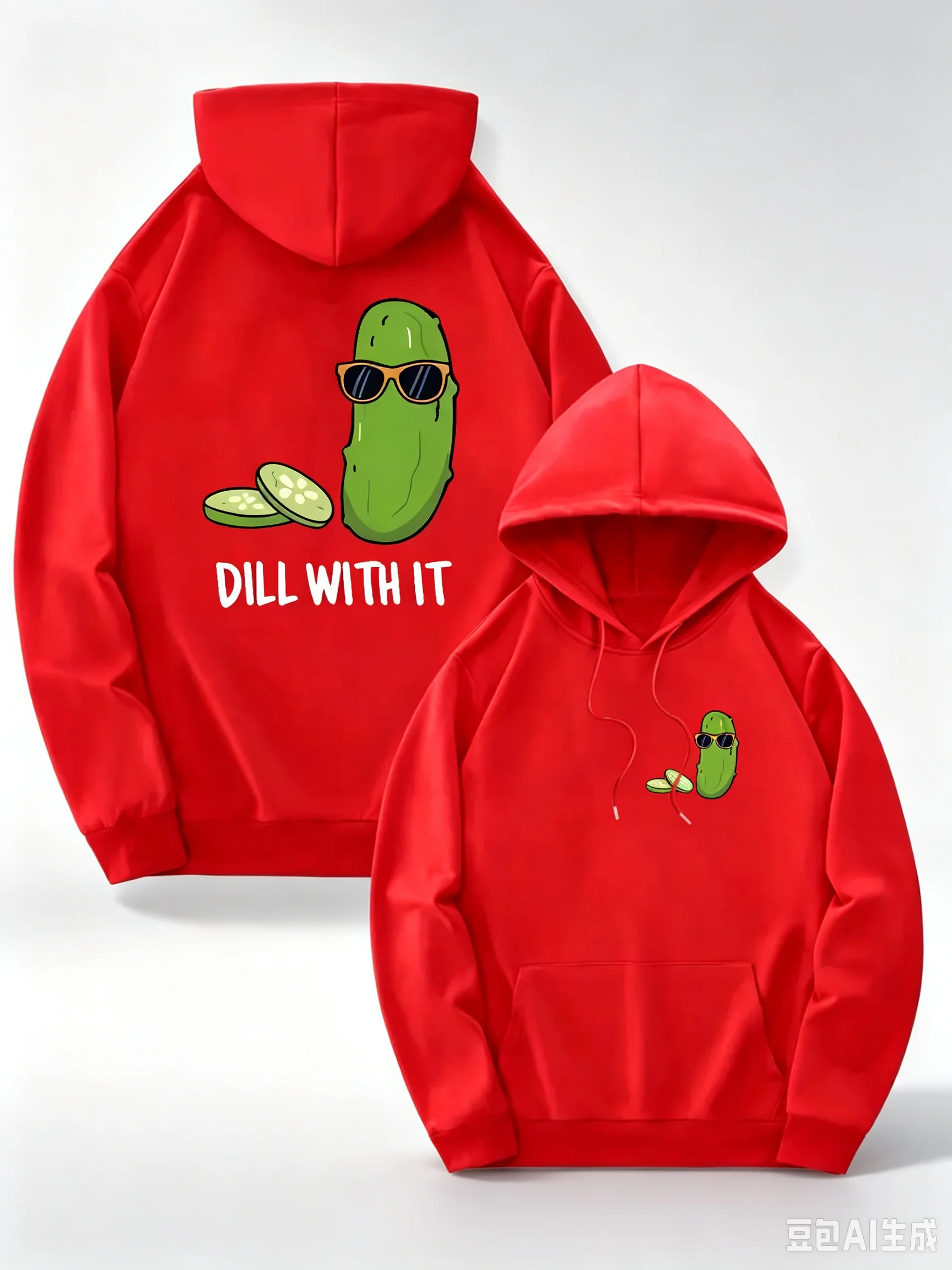 Fashion Craft Hoodie Men Cartoon Bitter Melon Graphic Print Pullover Hoodie, Printed Long‑Sleeve Hooded Sweatshirt For Men