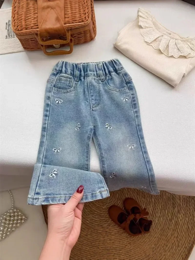 

Girls Embroidered Bow Flared Jeans Spring Autumn Casual Denim Pants 90-140cm Fashion Cute Children Trousers