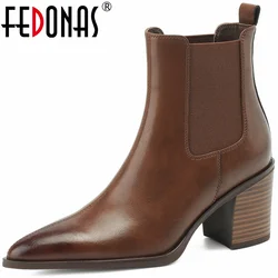 FEDONAS Mature scarpe a punta da donna stivaletti in vera pelle tacchi alti spessi 2024 autunno inverno Basic Office Lady Shoes donna