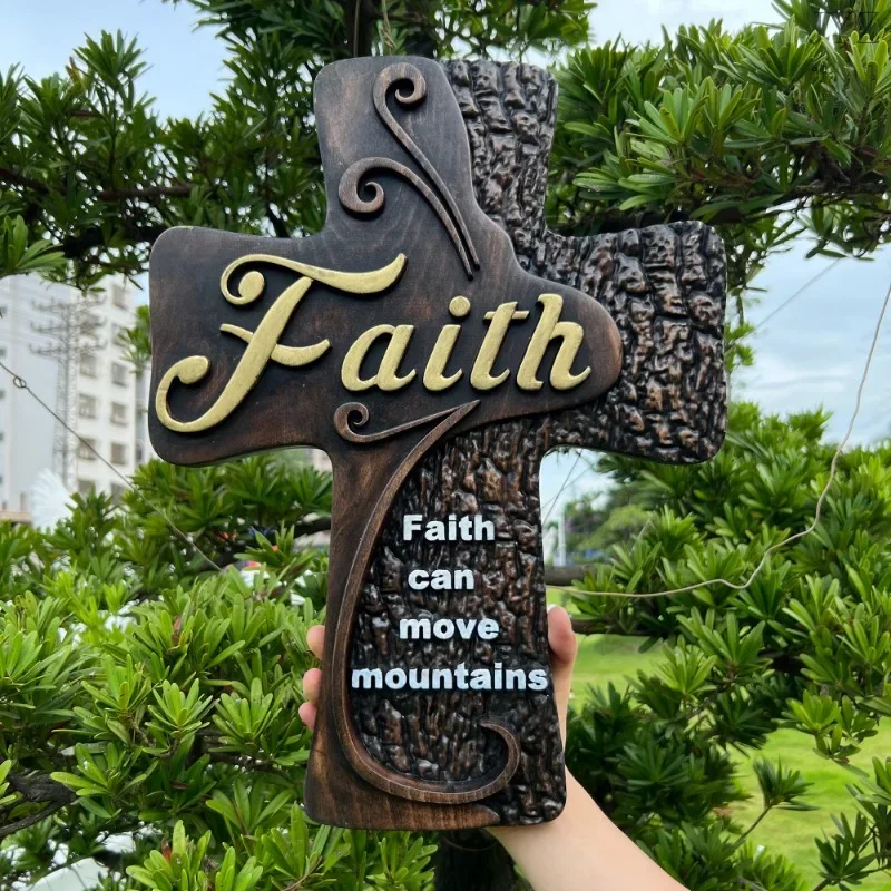 Vintage Carved Faith Wood Cross Decoration, Spiritual Wall Sign, Christian Tabletop Gift