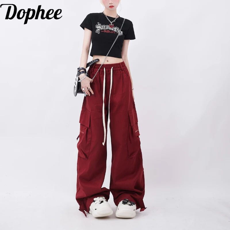 

Dophee Red Bib Overall for Women New Summer Dopamine Y2k Casual Long Trousers Drawstring Elastic Waist Straight Dance Pants