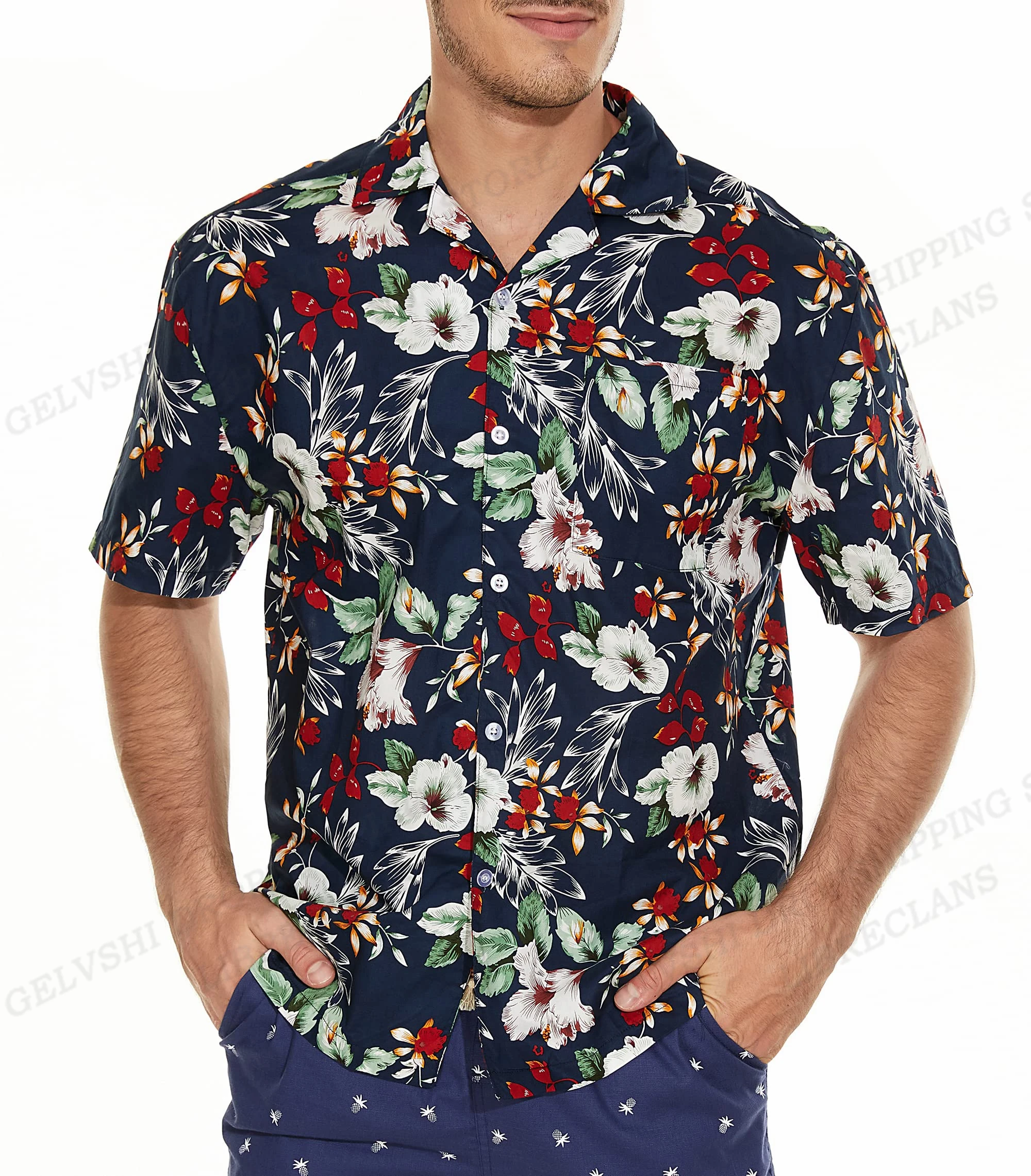 Tropic Leaf Print Shirts Men Fashion Hawaiian Shirt Casual Vocation Beach Blouse Aloha Lapel Shirt Cuba Blouses Men\'s Clothing