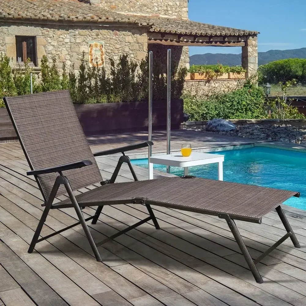Adjustable 5-Position Reclining Chaise Lounge Chair, Brown - Ideal for Outdoor, Beach, Yard, Pool, and Patio