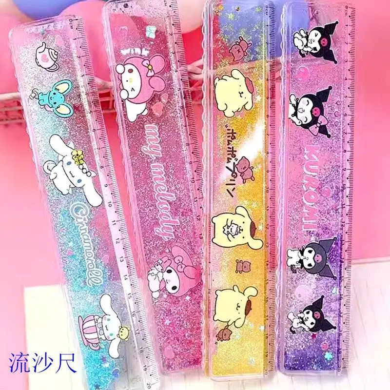 Sanrios Flowing Sand Ruler Family Series Hello Kitty Kuromi Melody Students Dual Use with Straight Line Wave Line Multi Function