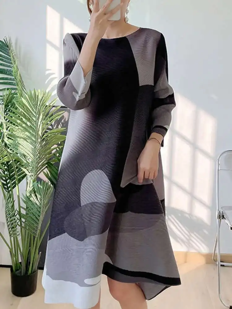LANMREM Irregular Printing Pleated Dress Women's Round Neck Loose Contrast  Color Dresses Female 2025 Spring Summer Tide 2R1504 - AliExpress