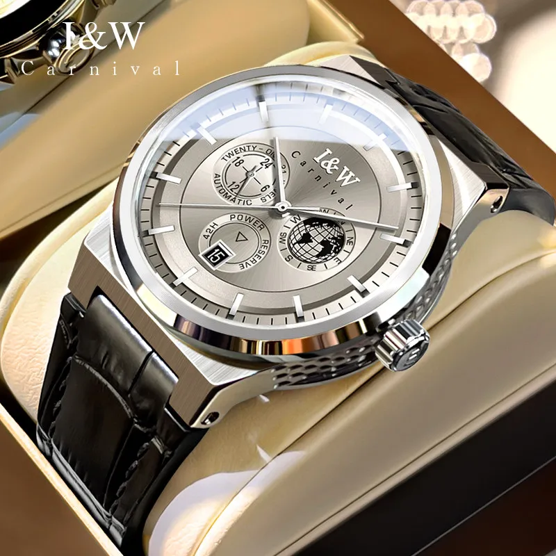 Carnival Luxus Saphir MIYOTA Uhrwerk Mechanische Uhr Herren High-End Leder 5ATM Wasserdicht 24-Stunden-Datum Modische Herrenuhren