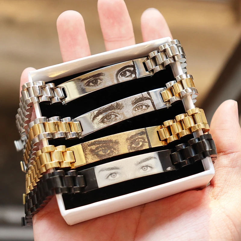 New Custom Engraved Stainless Steel Women Men's Bracelet with Realistic Eye Design -Funky Personalized Photo Couple's Jewelry