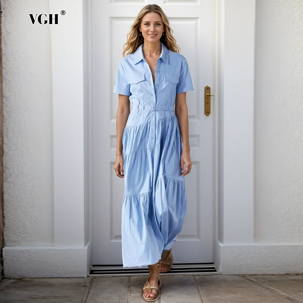 VGH Elegant Spliced Belt Pleated Dresses For Women Lapel Short Sleeve High Waist Patchwork Pockets Loose Long Dress Female New