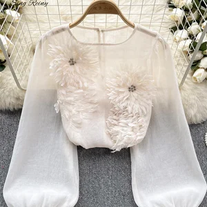 SingGreiny-Bulk Women's Low satin, pure bohemian blouse, long sleeves, transparent 3D floral shirt, spring, 2024 8 Main Sales Bohemia Blouse - №3