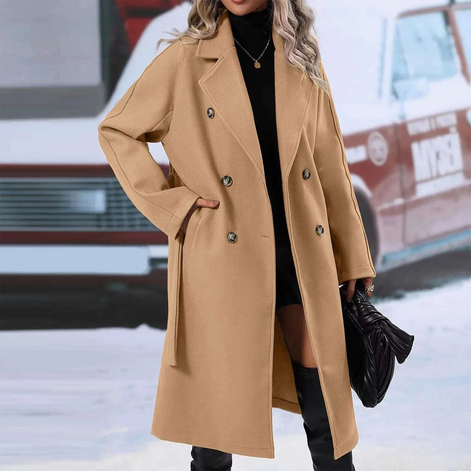 Fashion Coats Women Streetwear Vintage Long Sleeve Jackets Solid Pockets Double Breasted New Autumn Winter Tailored Coat