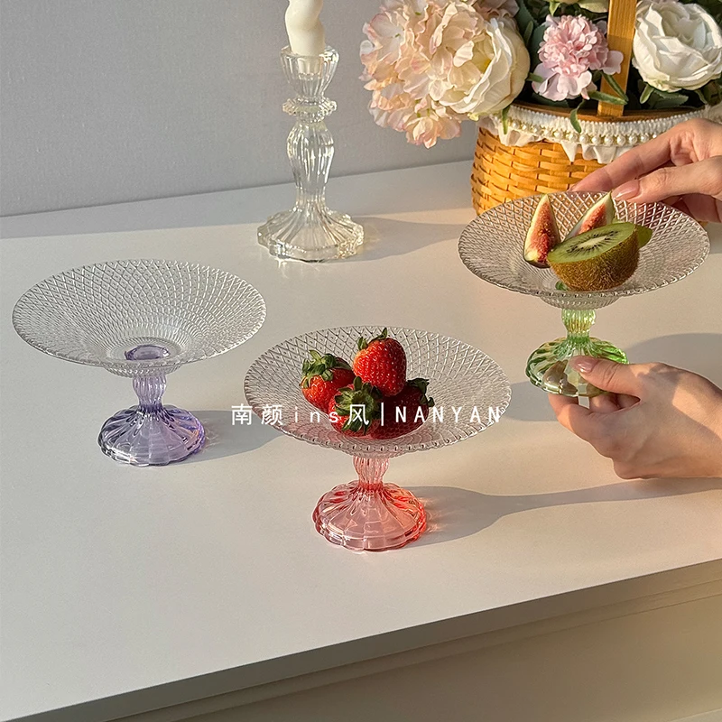 Relief Stemmed Glass Fruit Plate 2026 New Household Diamond Lattice Cake Dessert Dishes Splicing Round Snack Candy Tableware