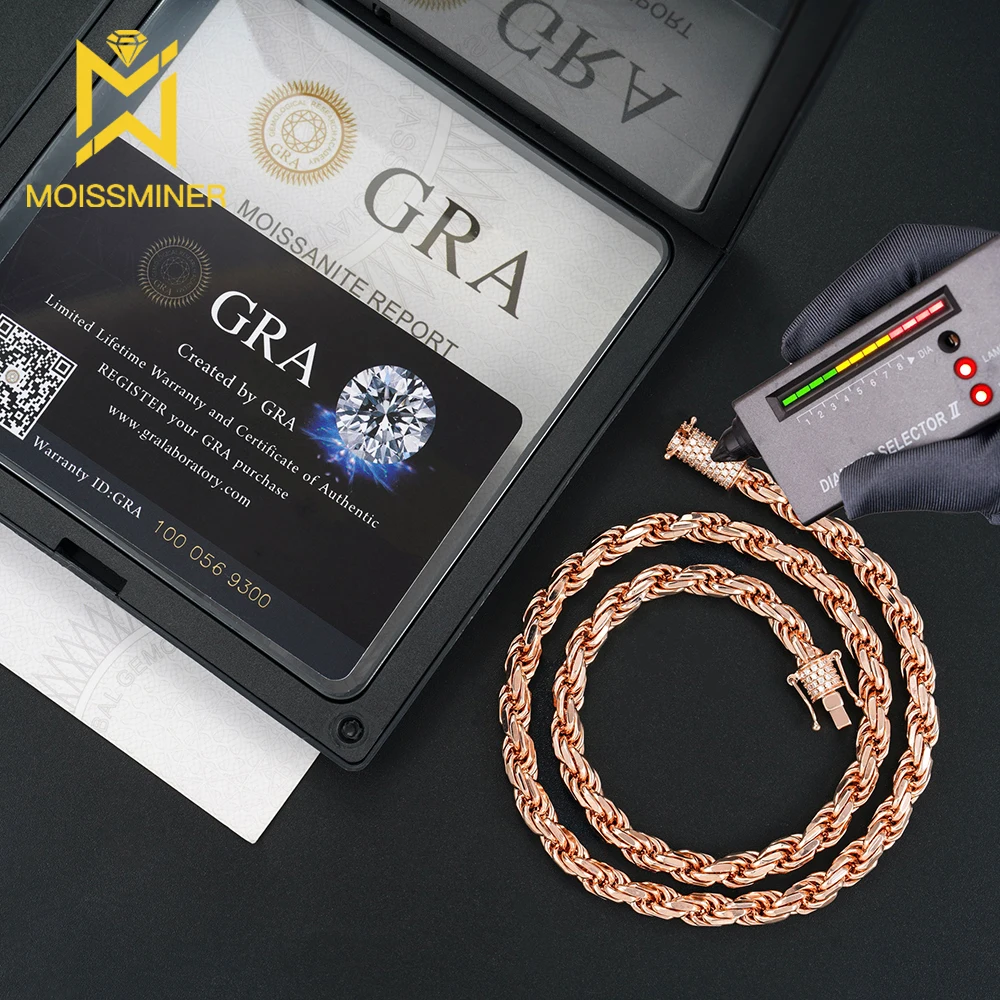 4/6mm Moissanite Rope Chain Necklace For Men Women S925 Silver Hip Hop Iced Out Bracelet Pass Diamonds Tester With GRA Free Ship