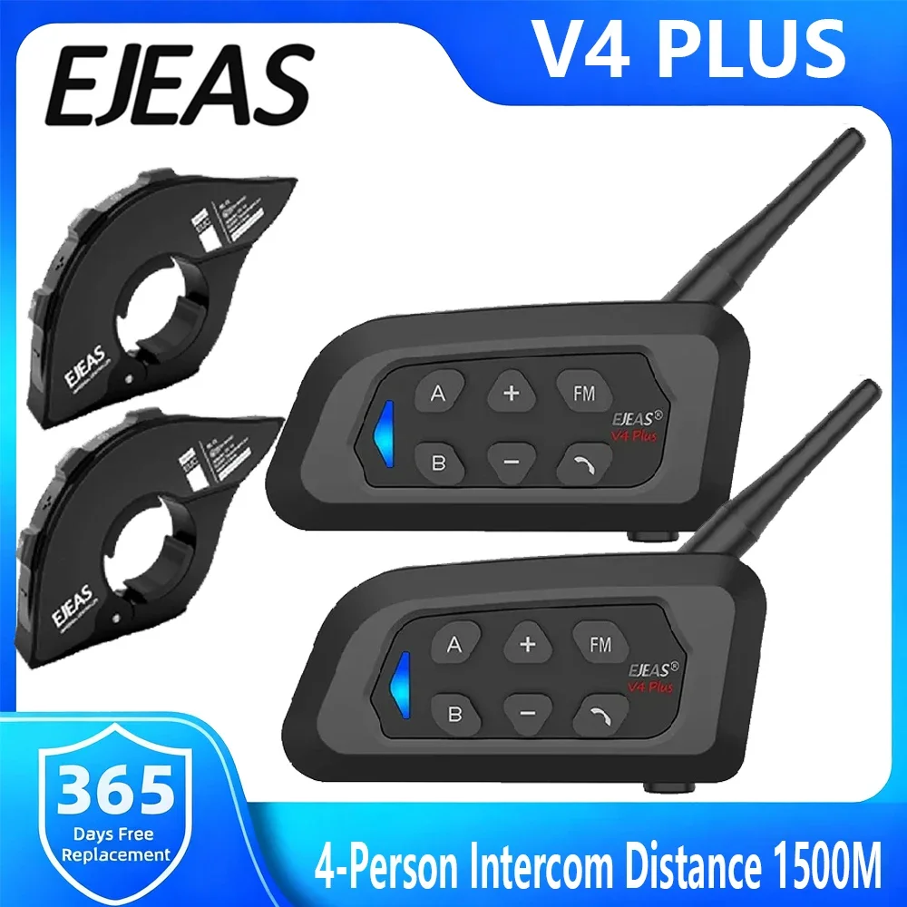 EJEAS V4 Plus Motorcycle Helmet Bluetooth Intercom Talkie 4 Riders Distance 1500 Meters Full Duplex IP65 Waterproof