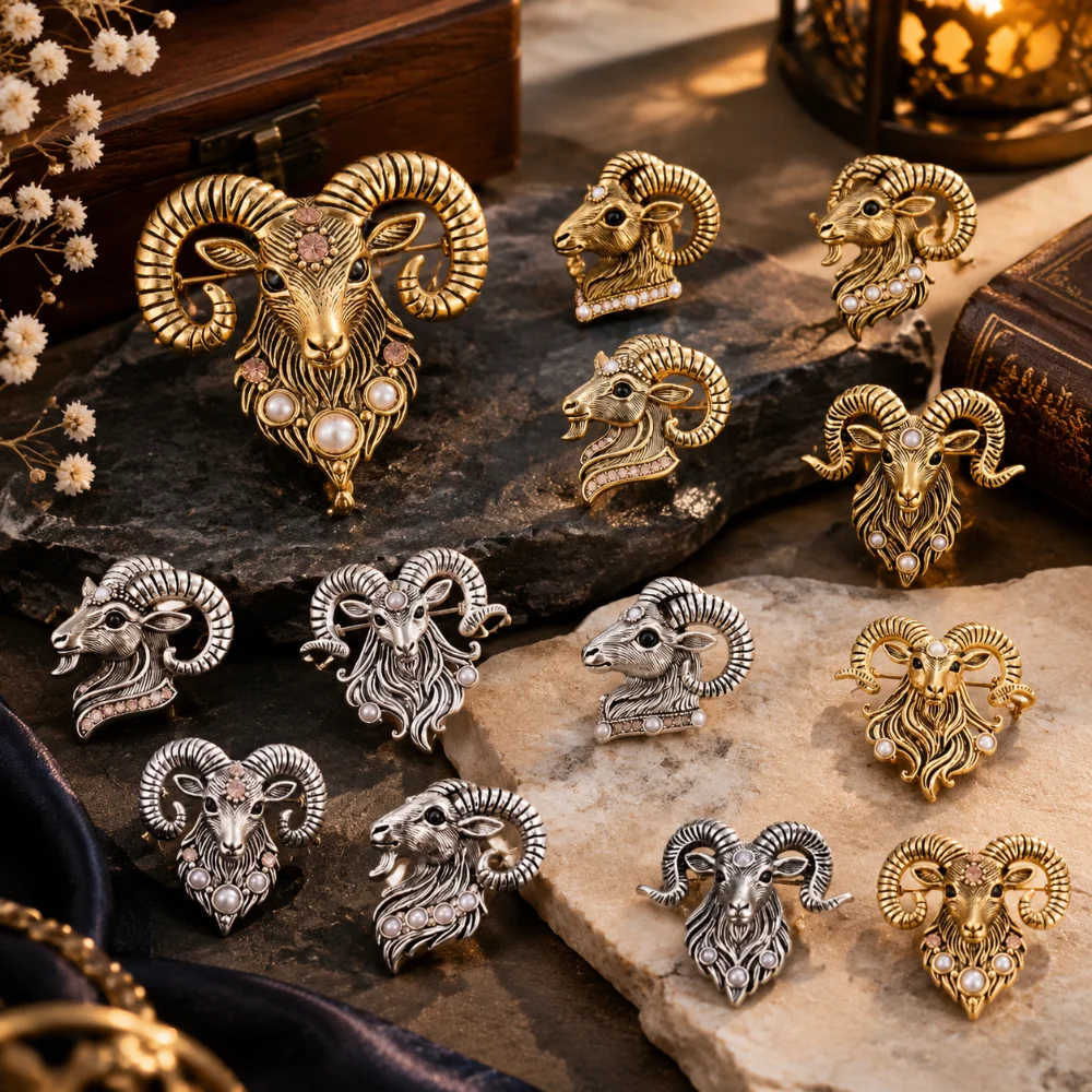 Vintage Goat Head Brooch Metal Sheep Head Lapel Pin Inlaid Crystal Pearl Animal Brooch for Men Suit Shirt Collar Pin Accessory