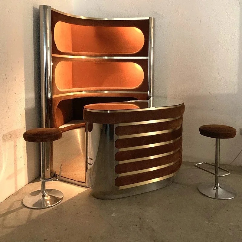 Living room triangle against the wall, designer home, velvet retro high-end, bar cabinet