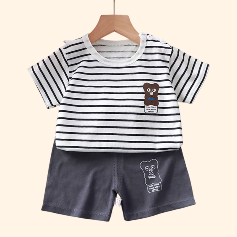 2PCS Children's Sets  Kids Clothes Summer Baby Short Sleeve Set 100% Cotton Cartoon Bear Print Two-Piece Outfit for Boys Girls