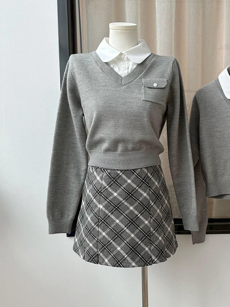 Winter Women Korean Shoujo Preppy 2000s Outfits 2 Piece Set Long Sleeve Fake Two Pieces Shirt Sweater + Mini Plaid Woolen Skirts