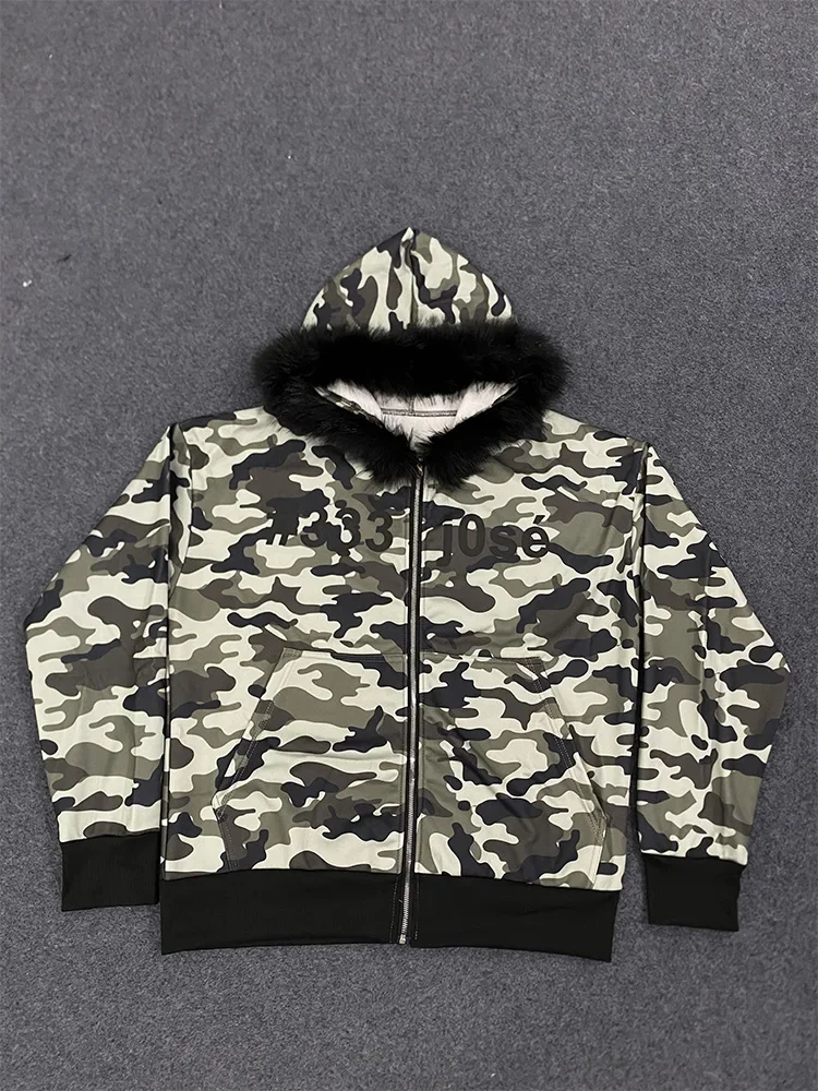 Winter Camouflage Pattern Hoodie women's Warm Fluffy Fur Collar sweatshirt Casual Trendy Hooded zip-up 2025 New woman clothing