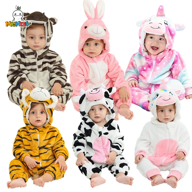 MICHLEY Hot Halloween Gifts Cow Winter Baby Rompers Cartoon Flannel Costume Infant Soft Jumpsuit Pyjamas Bodysuit For 2-36Months