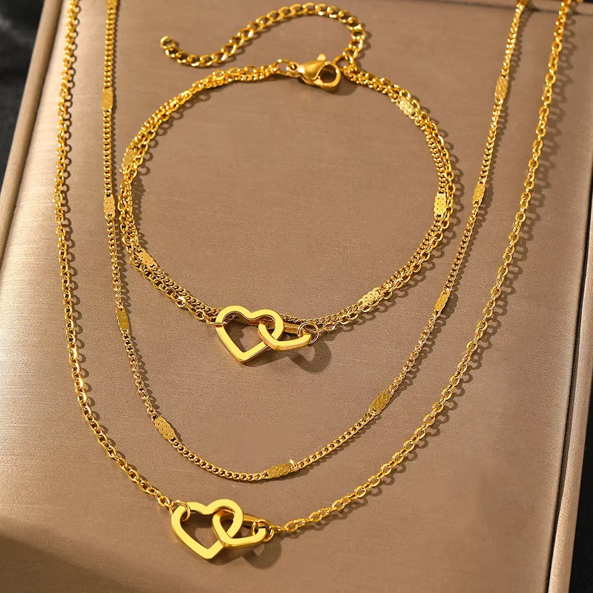 Fashion Atmosphere Heart Bracelet Love Necklace Double Chain Design Jewelry Sets For Women image 2