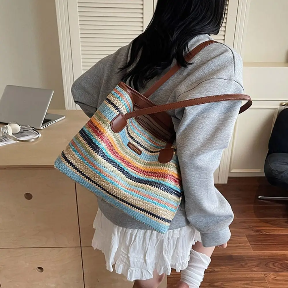 

Hollow Out Straw Woven Bag Parent Shoulder Bag Beach Handbag Bohemian Beach Bag Large Capacity Bucket Bag Strip Shoulder Bag