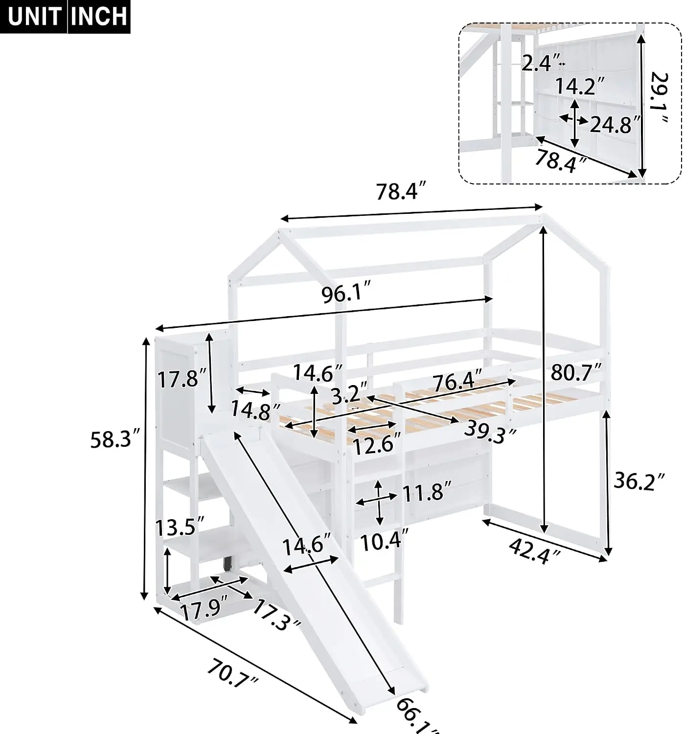 Twin Size House Loft Bed with Slide, Storage Shelves and Light, Wood Kids Bed Frame with Guardrail and Ladder,Climbing Ramp,for