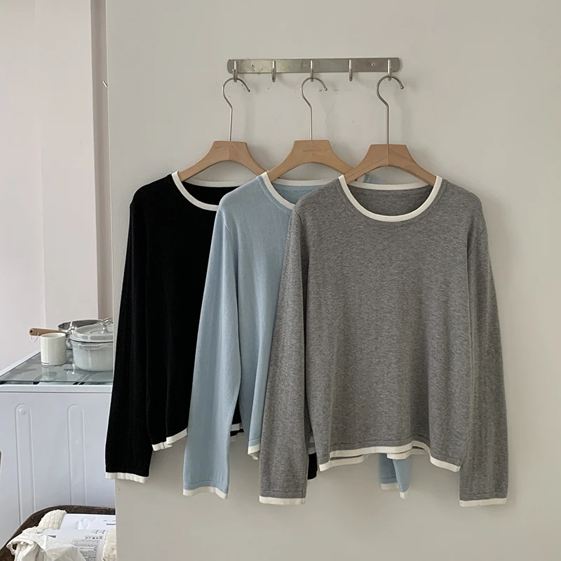Cotton Women O-neck Color blocking long sleeved shirt plus size clearance sale luxury brands high quality