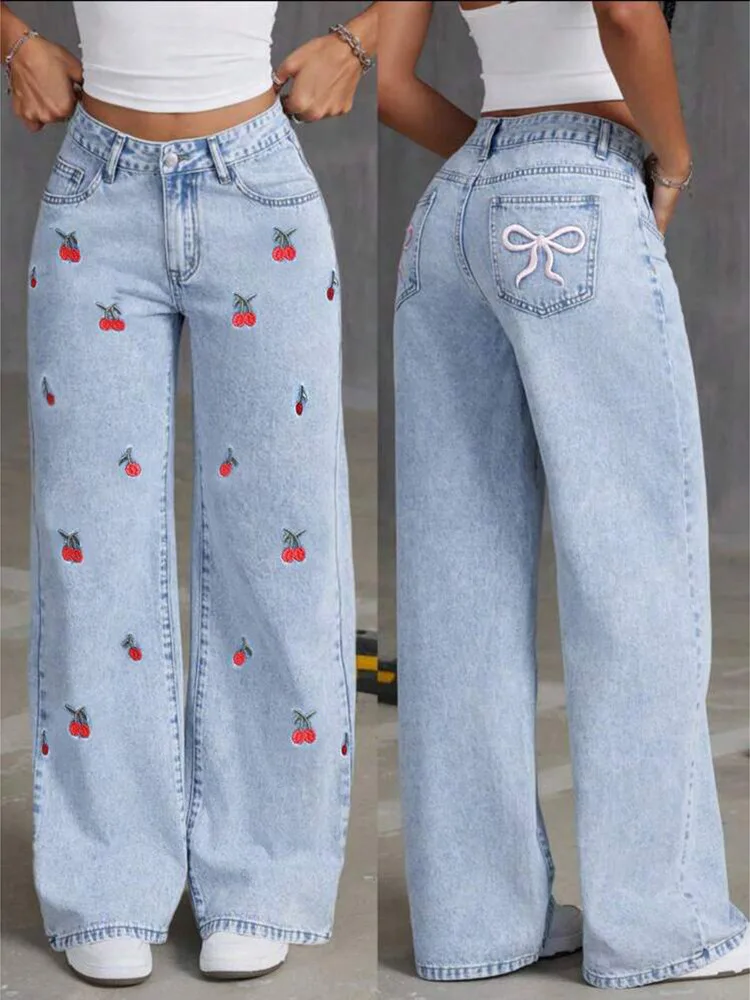 

Women's Vintage Washed Distressed Stretch Red Cherry Blossom Embroidered Jeans Wide Leg Trousers