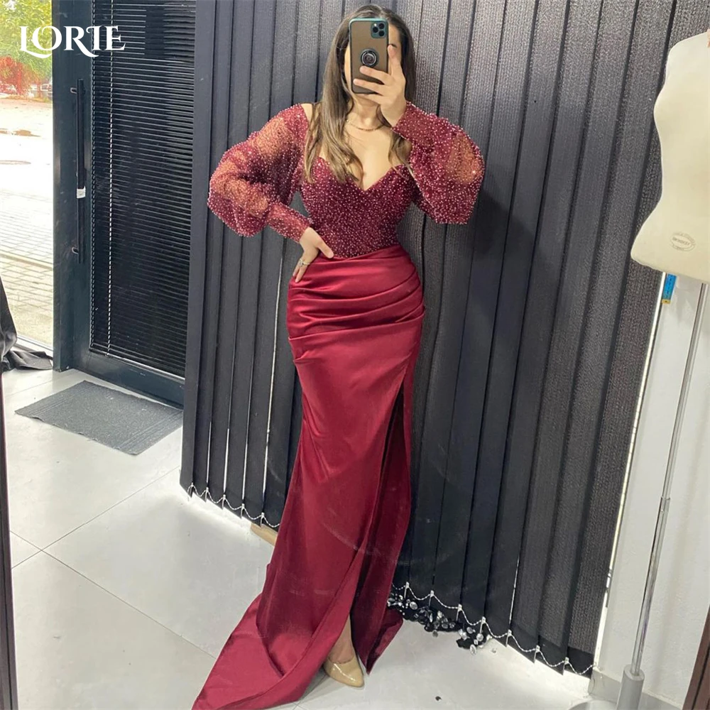 

LORIE Glitter Burgundy Mermaid Evening Dresses V-Neck Puff Sleeves Pleated Side Slit Prom Dress Arabia Celebrity Party Gowns