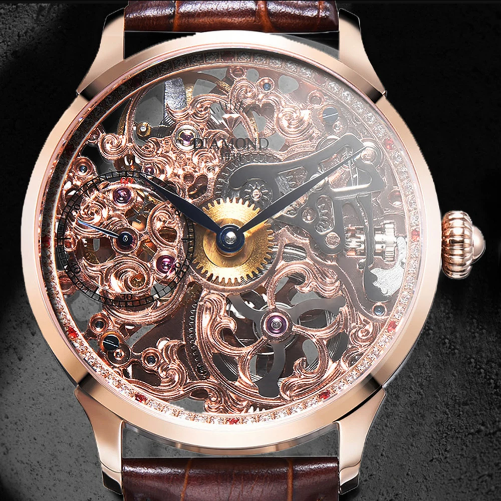 Shanghai Diamond Watch Men Luxury Hand Wind Mechanical Wristwatches 41mm Top Brand Hollow Carved Clocks Relojes Para Hombre 1939