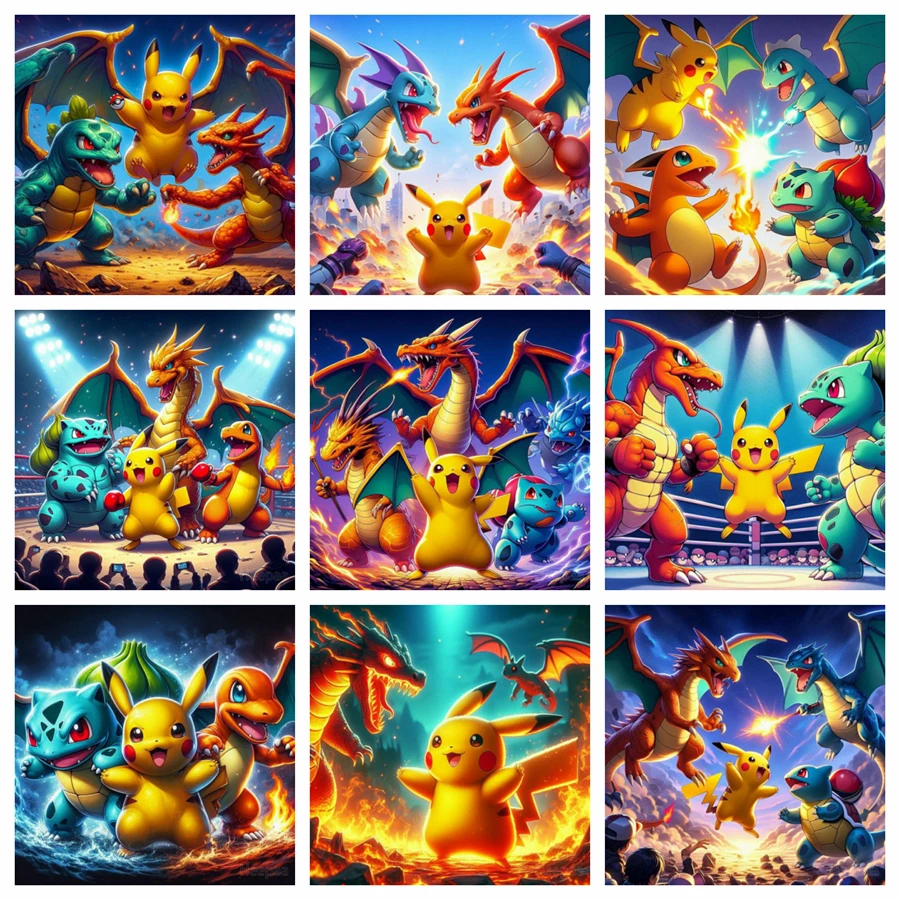 Pokemon Pikachu Charizard Dragon Fighting Anime AB Diamond Art Painting 5d Funny Charmander Bulbasaur Cartoon Cross Stitch Decor