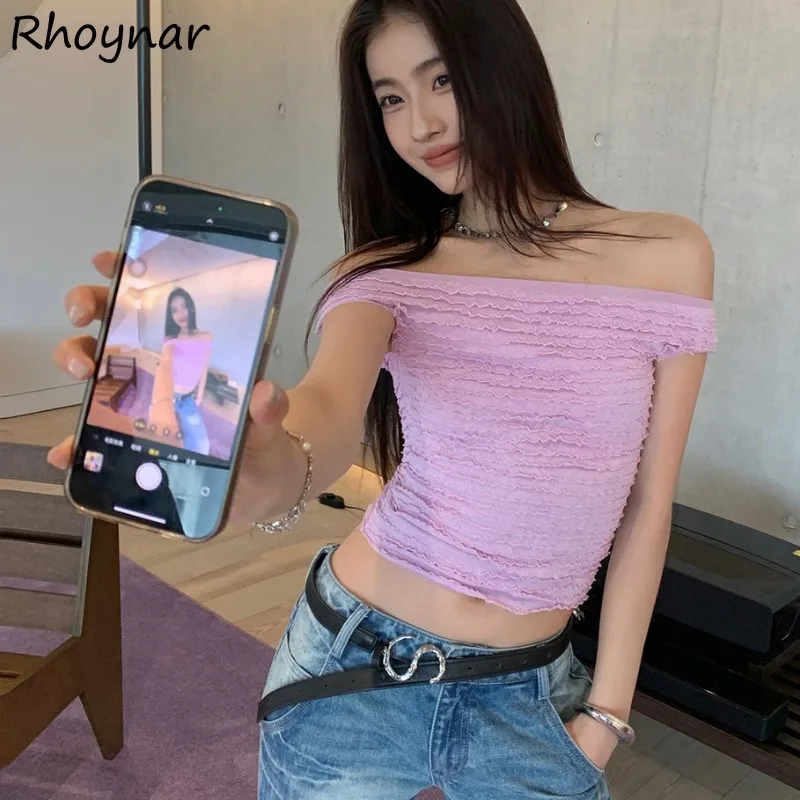 Slash Neck T-shirts Women Korean Clothing Off Shoulder Pleated Cropped Fashion Trendy High Street Attractive Spicy Girls Summer