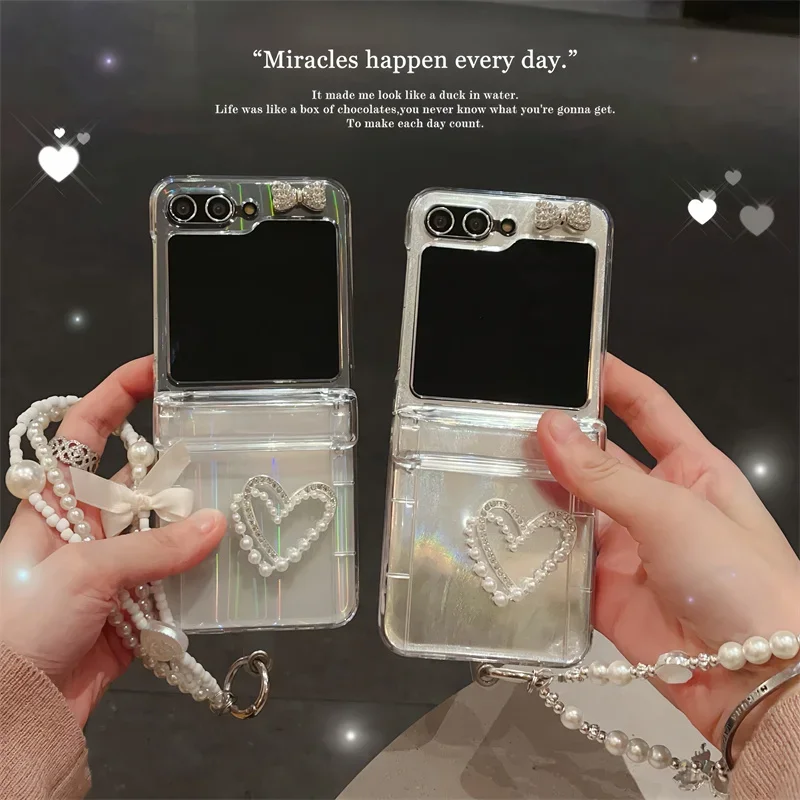 3D Love Heart Feather Yarn Cards Bracelet Phone Case For Samsung Galaxy Z Flip 6 5 4 3 Insert Cards Clear Cover