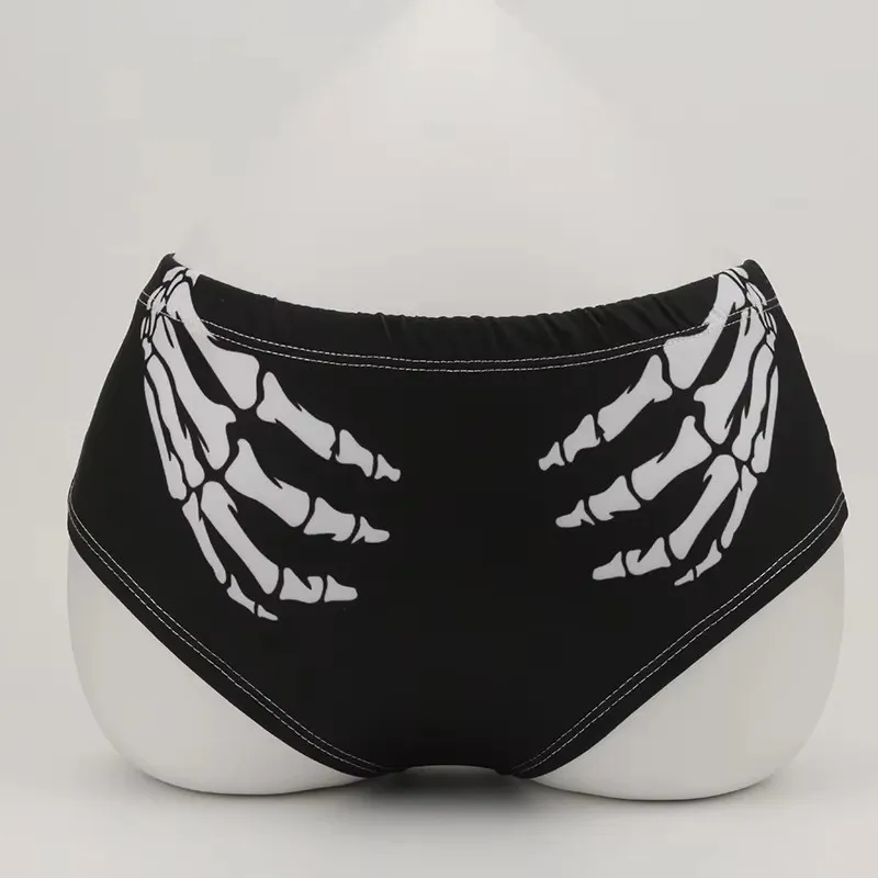 

Halloween Skull Cartoon Black Print Women Underwear Panties Finger Bones Sexy Hip-Lifting Thong Student Briefs Erotic Lingerie