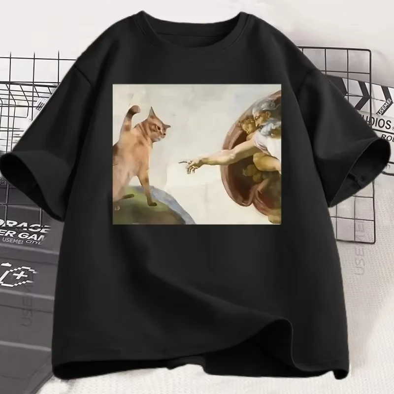 T-shirt humoristique « Création d'Adam » avec motif chat, pour hommes et femmes, décontracté, à manches courtes, col rond, style vintage Harajuku