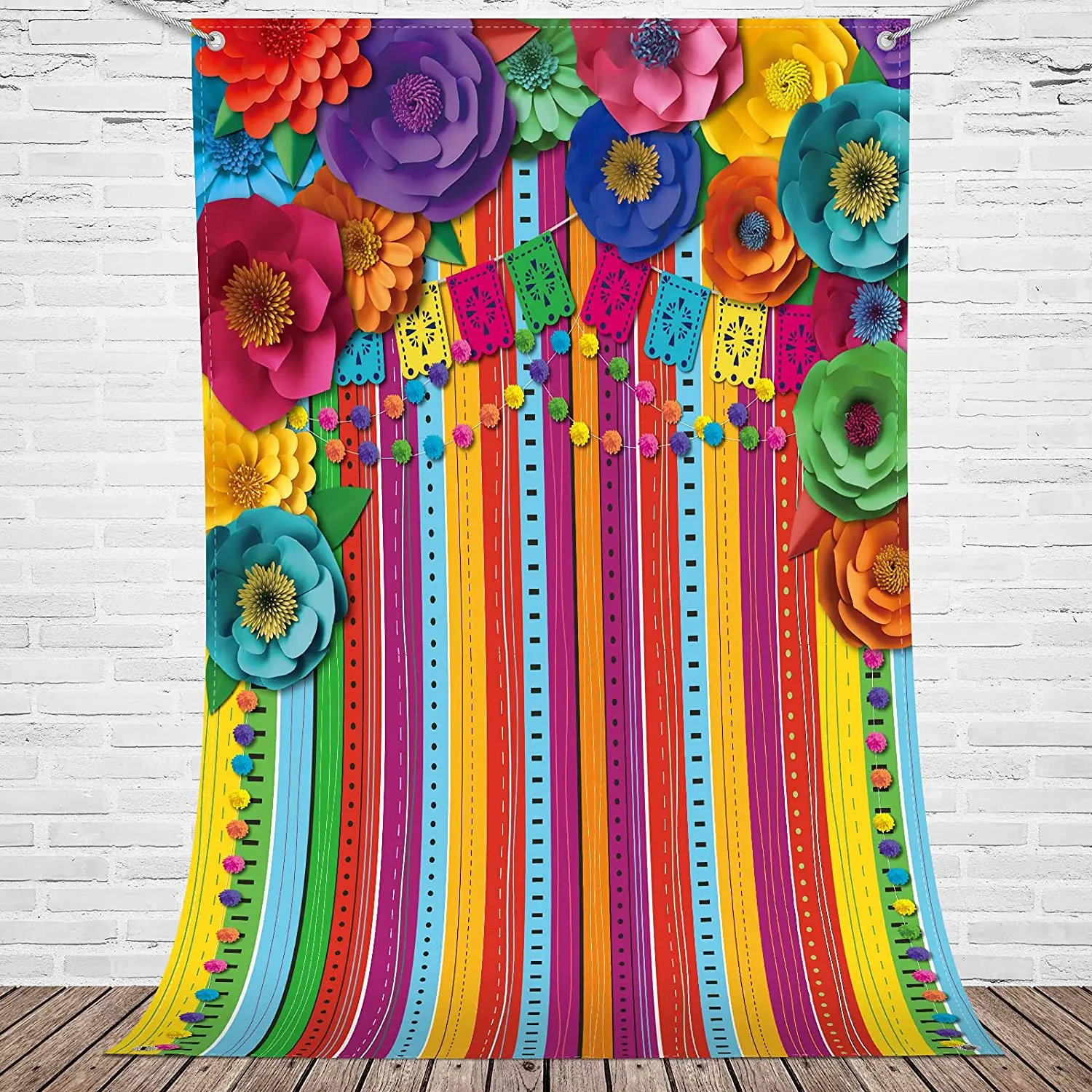 Mexican Fiesta Backdrop Cinco De Mayo Background Colorful Flag Floral Striped Banner Decor for Taco Bar Day of The Dead Party