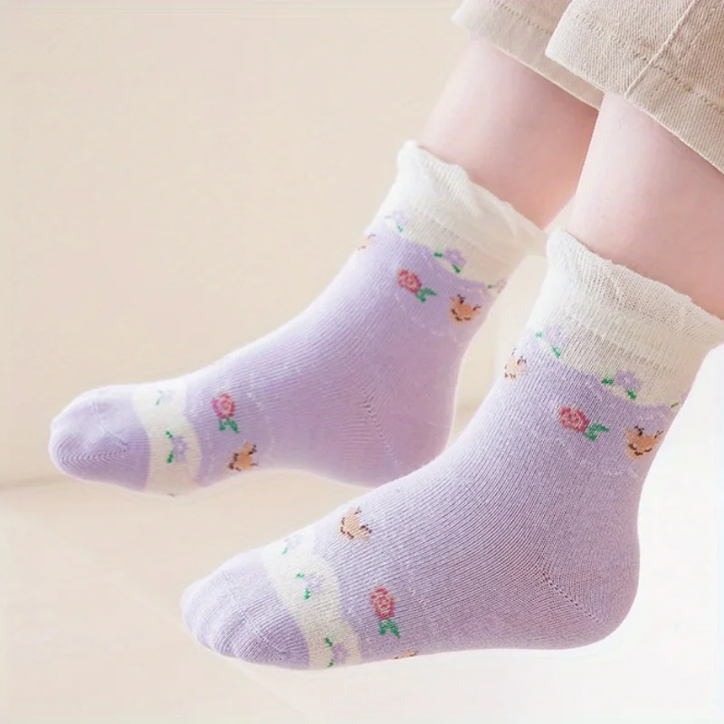 5 Pairs Cute Purple Floral Kids Socks Sweet Bow Flower Pattern Soft Cotton Girls Mid‑Calf Socks