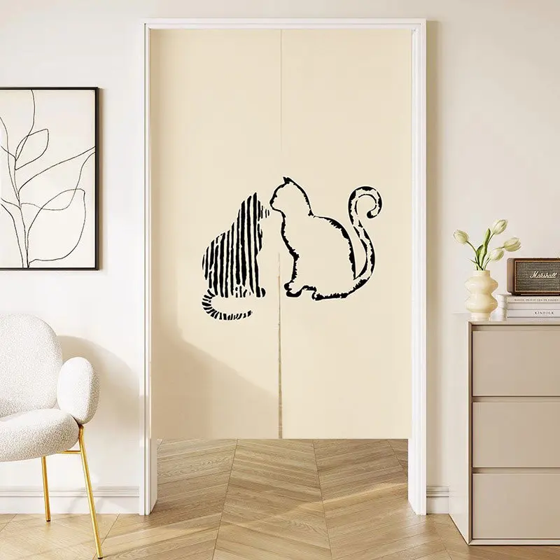 VIKAMA Three Cats Silhouette Noren Door Curtain Minimalist Cartoon Hanging Curtain Bedroom Door Partition Cream Style Home Decor