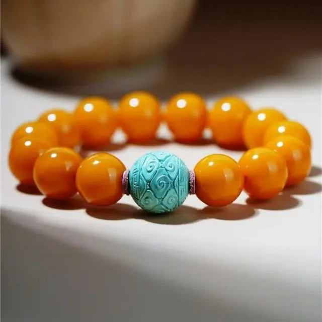 

Natural Old Beeswax Large Size Amber Round Bead Bracelet for Men and Women Retro Design Simple Single Circle Couple Handstring