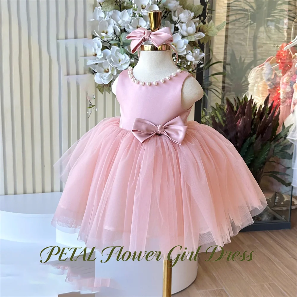 Petal Peach Pink Princess Girls Dress Round Neck Sleeveless First Communion Gown    Children Birthday Wedding Dresses