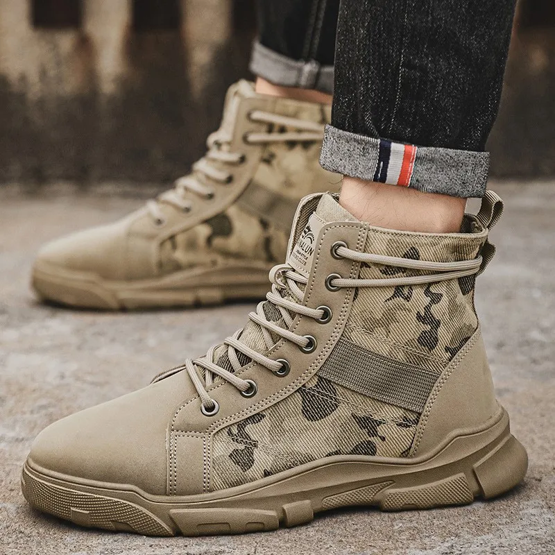 Botas militares para hombre, modelo de otoño, con caña alta, diseño de camuflaje, para uso en el desierto, estilo casual, botas planas para hombre, transpirables, antideslizantes, zapatos de trabajo. Zapatillas para hombre.