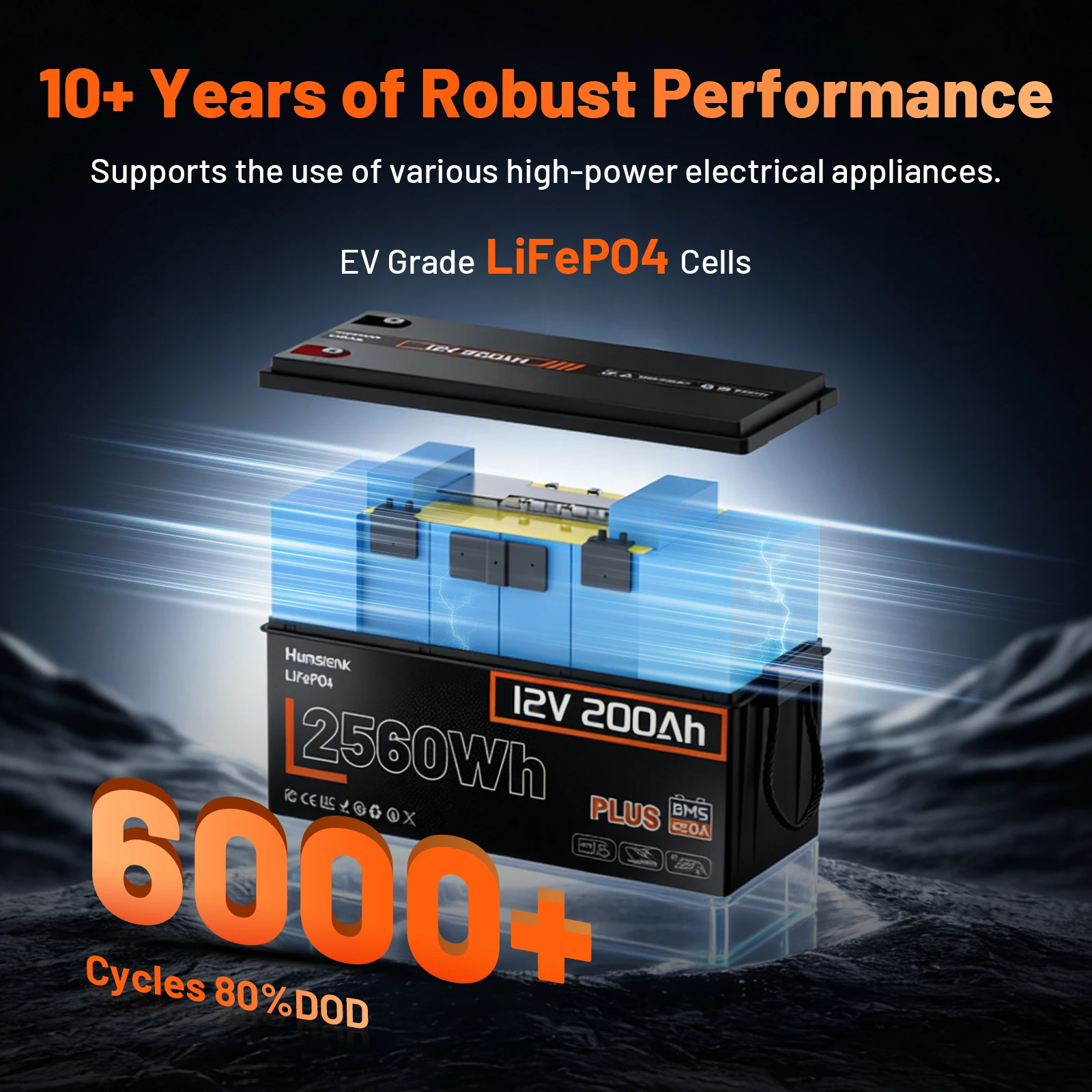 Humsienk 12V 200Ah LiFePO4 Battery, Built-in 250A BMS, 15000+ Deep Cycle, Low-Temp Protection, Rechargeable Lithium Battery for RV, Van, Golf Cart, Boat, Camper, Marine, Trolling Motor, Off-Grid, Solar Energy Storage, 5-Year Warranty - view 7