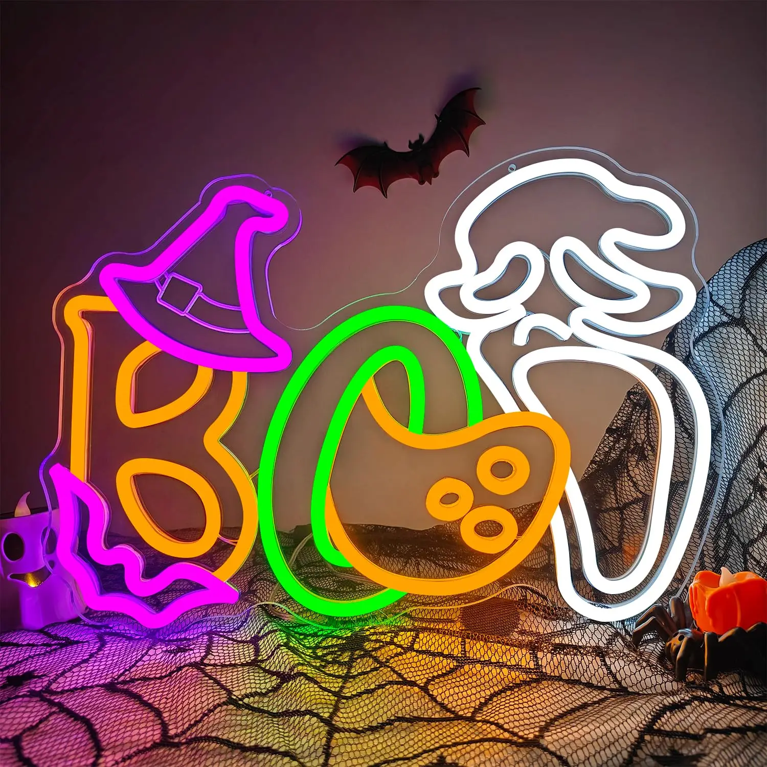 Halloween Boo Ghost Face Neon Sign voor Wall Decor Bat Witch Hat Ghost Neon Light voor Window Halloween Party Man Cave Game Room
