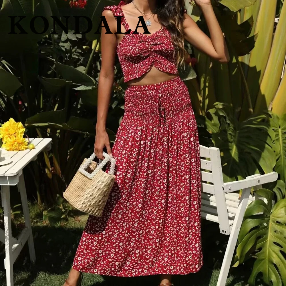 

KONDALA винтажные женские костюмы с цветочным принтом, сексуальная тонкая короткая майка на бретельках + повседневная плиссированная длинная юбка с разрезом, винтажный пляжный праздничный комплект 2025 г.
