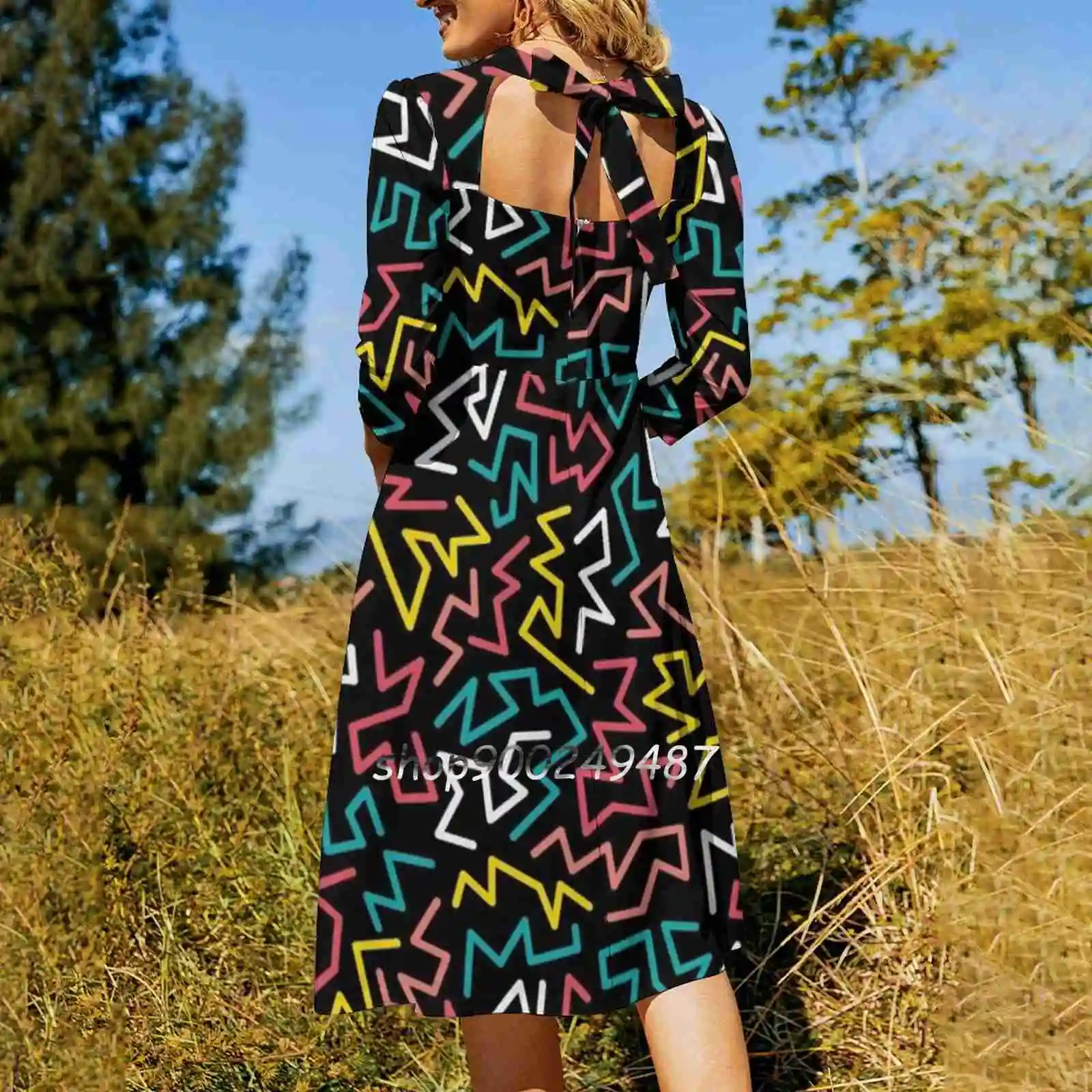 Memphis Dark Pattern. Trendy Geometric Shapes 80S , 90S Square Neck Dress New Plus Size Elegant Women Waist Tight Dress Pattern